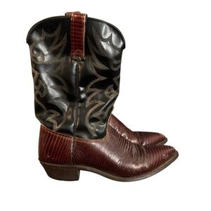Vintage Wrangler Cowboy Boots Black Brown Lizard Embossed Pointed Toe Size 8